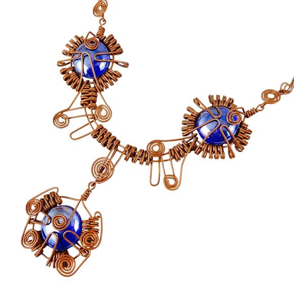 Handmade Wire-Wrapped Copper Necklace with Deep Blue Glass Cabochon Boho Pendant - Picture 1 of 10